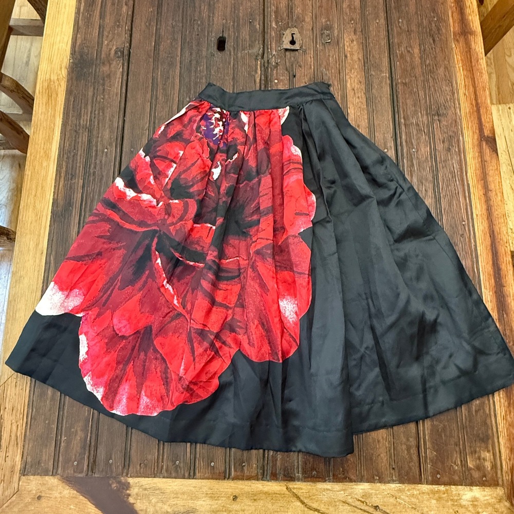 White House Black Market Black Midi Skirt with Red Floral Print